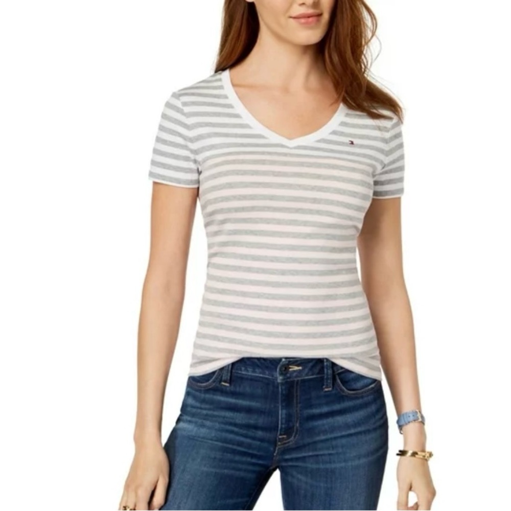 Tommy Hilfiger V-neck Gray, White and Pink Stripes Tee